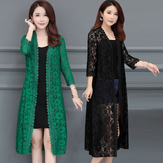 Lace Cardigan Mid-length Mesh Shawl Outer Match Loose Overknee Sun Protection Clothing Women's Coat