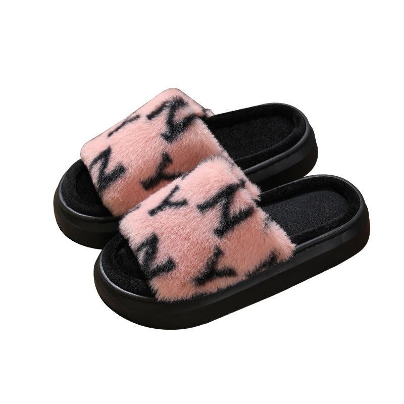 Letter Printed Fuzzy Slippers For Women Fashion Open-toed Plush Slippers Winter Bedroom Floor Fluffy Shoes Home