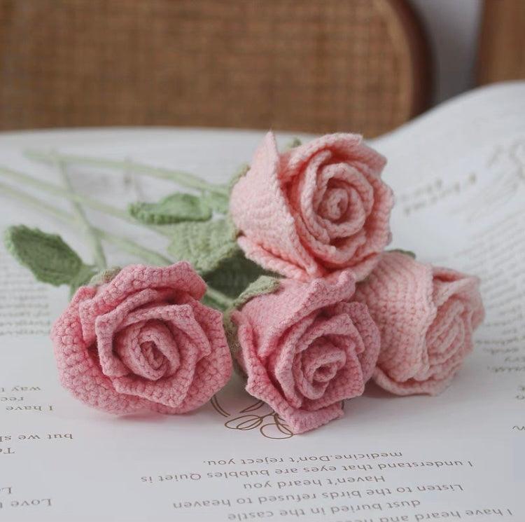 Hand Crocheted Red Rose White Bouquet