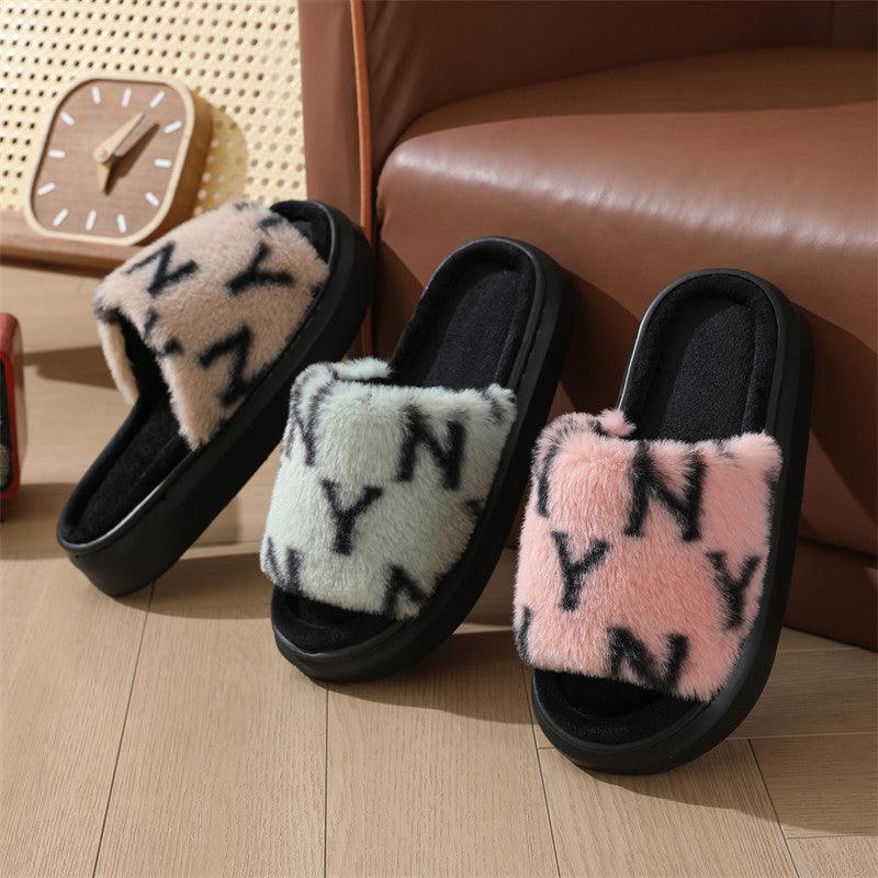 Letter Printed Fuzzy Slippers For Women Fashion Open-toed Plush Slippers Winter Bedroom Floor Fluffy Shoes Home