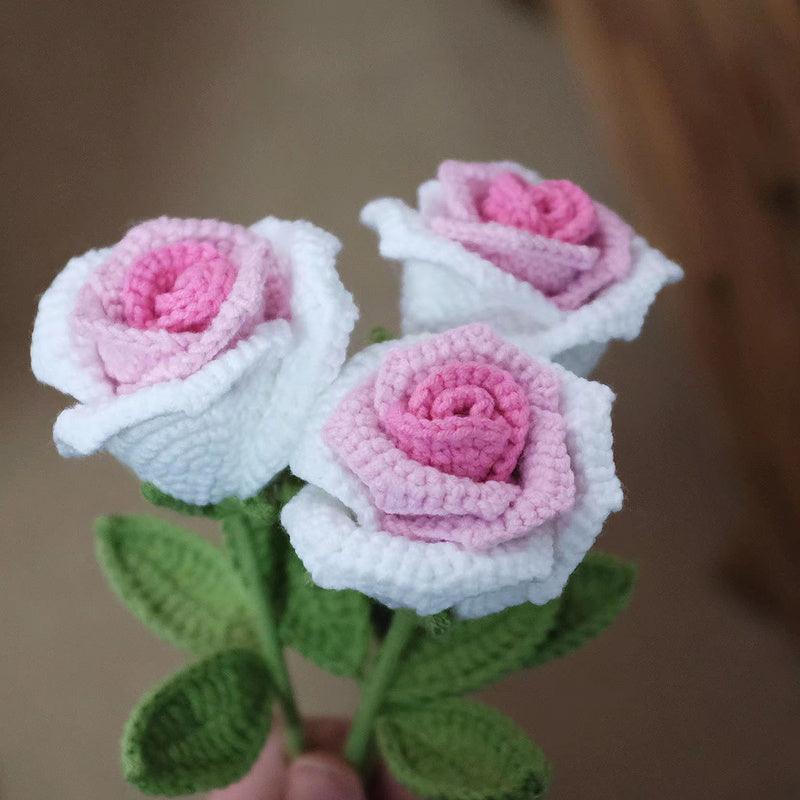 Hand Crocheted Red Rose White Bouquet