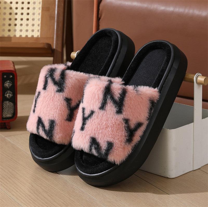 Letter Printed Fuzzy Slippers For Women Fashion Open-toed Plush Slippers Winter Bedroom Floor Fluffy Shoes Home