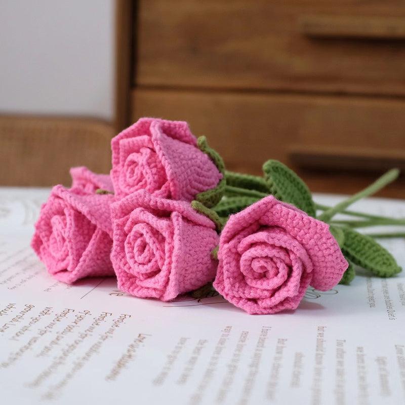 Hand Crocheted Red Rose White Bouquet