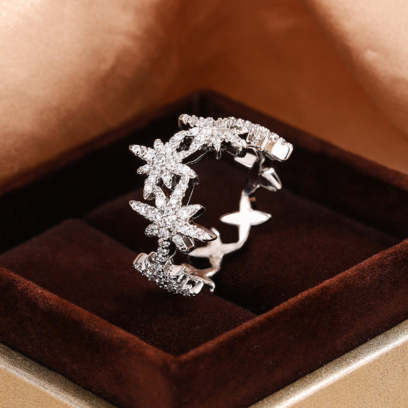 Light Luxury Full Diamond Six-pointed Star Niche Design Ring Little Luxuries