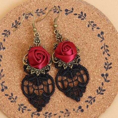 Court Hollow Lace Red Rose Earrings