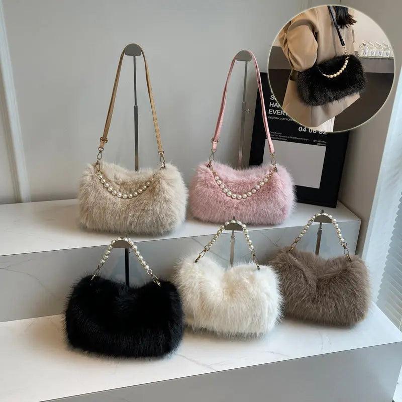 Autumn And Winter Fashion Shoulder Bags Pearl Chain Crossbody Bag Versatile Commuting Armpit Plush Female Bag Bags Little Luxuries 