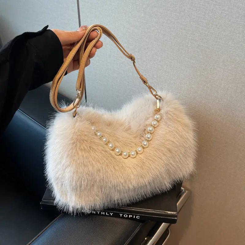 Autumn And Winter Fashion Shoulder Bags Pearl Chain Crossbody Bag Versatile Commuting Armpit Plush Female Bag Bags Little Luxuries 