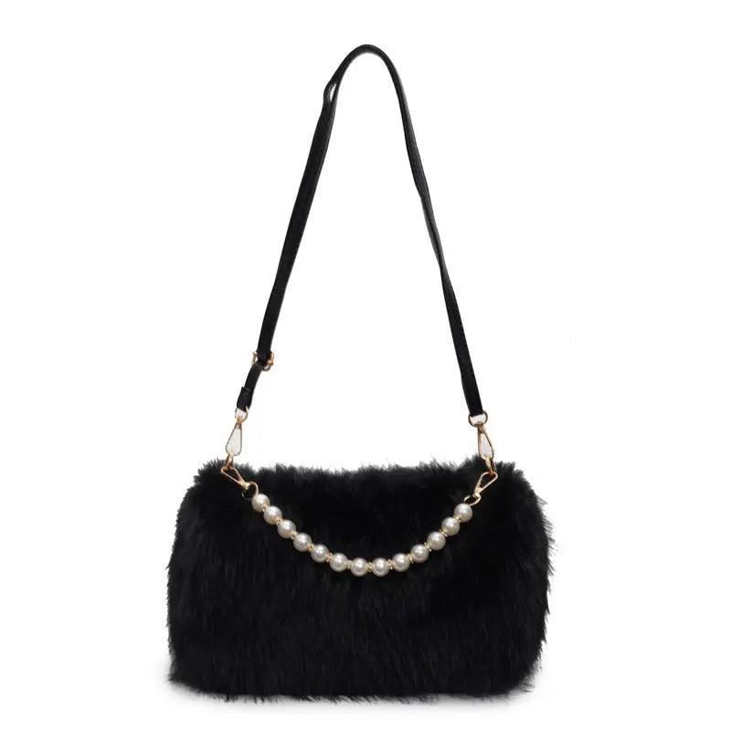 Autumn And Winter Fashion Shoulder Bags Pearl Chain Crossbody Bag Versatile Commuting Armpit Plush Female Bag Bags Little Luxuries Black 