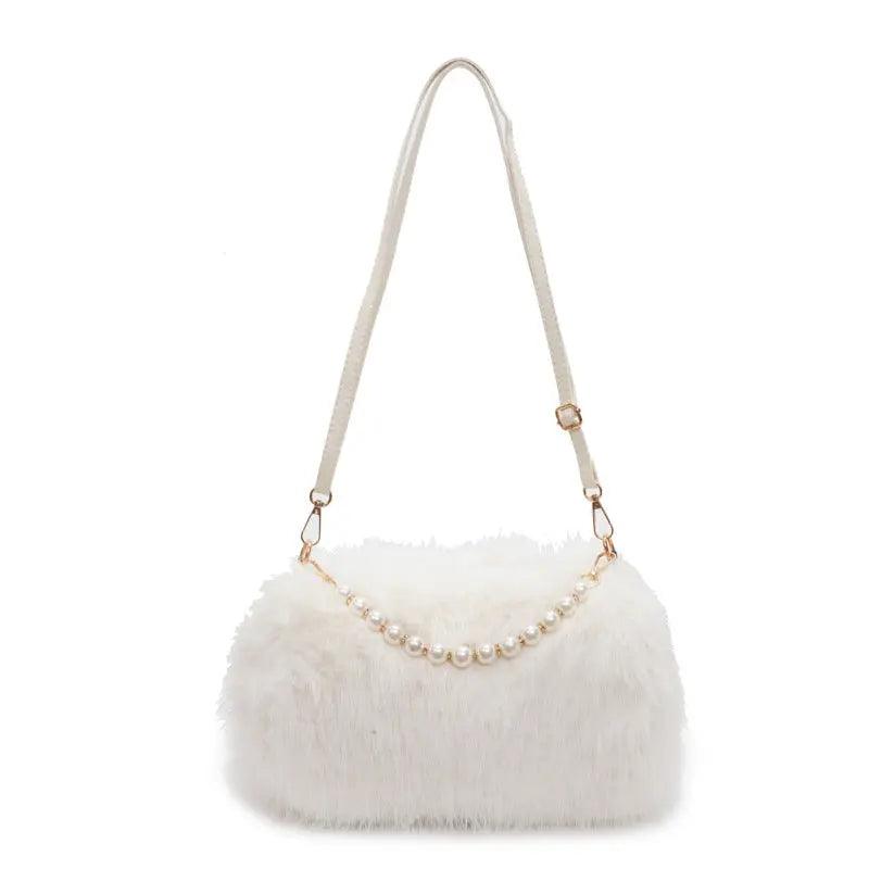 Autumn And Winter Fashion Shoulder Bags Pearl Chain Crossbody Bag Versatile Commuting Armpit Plush Female Bag Bags Little Luxuries Beige 