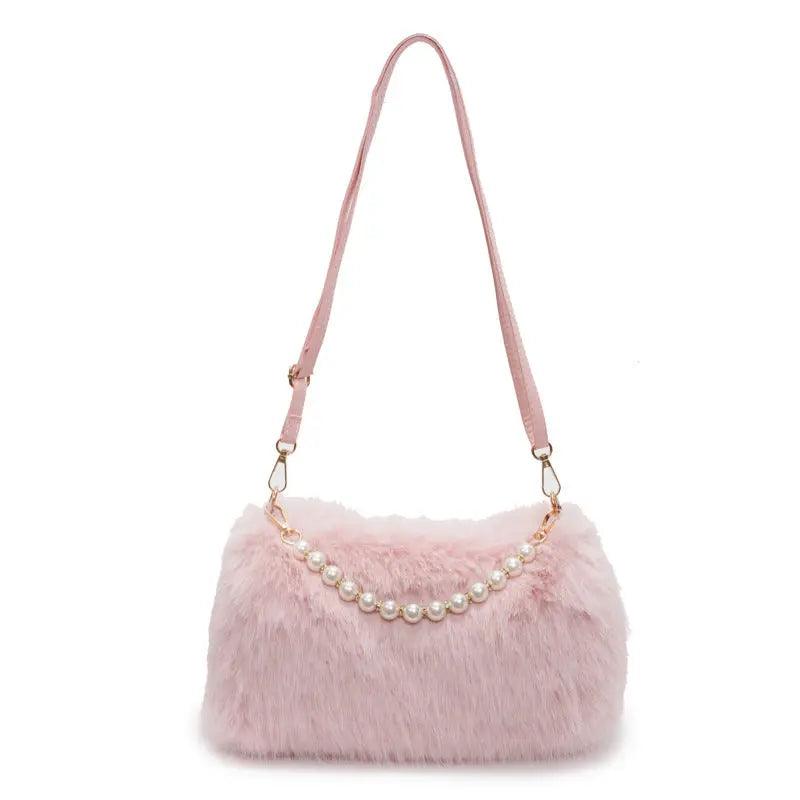 Autumn And Winter Fashion Shoulder Bags Pearl Chain Crossbody Bag Versatile Commuting Armpit Plush Female Bag Bags Little Luxuries Pink 