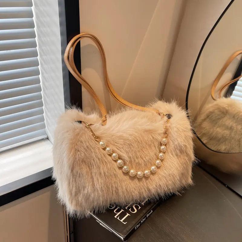 Autumn And Winter Fashion Shoulder Bags Pearl Chain Crossbody Bag Versatile Commuting Armpit Plush Female Bag Bags Little Luxuries 