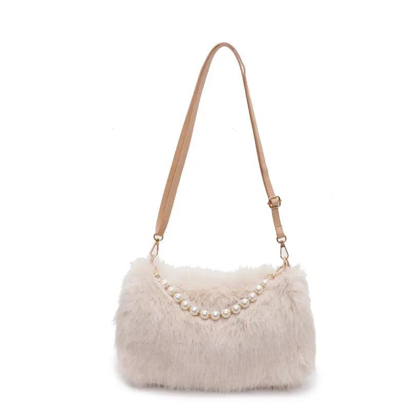 Autumn And Winter Fashion Shoulder Bags Pearl Chain Crossbody Bag Versatile Commuting Armpit Plush Female Bag Bags Little Luxuries Khaki 