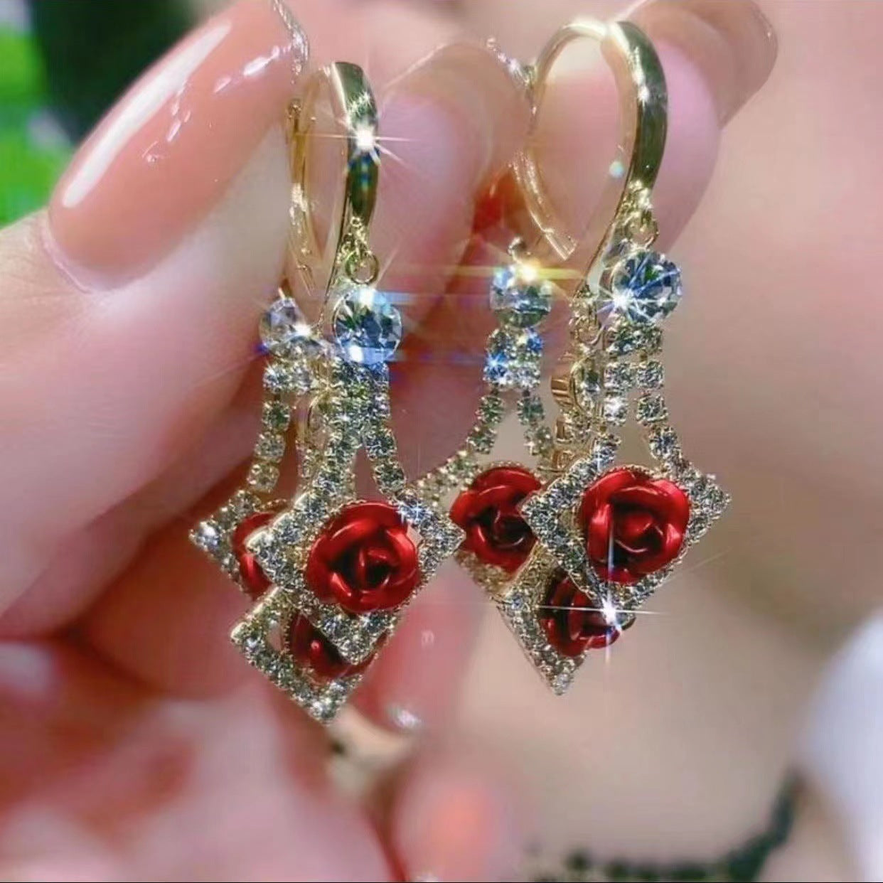 Elegant Diamond Rhinestone Lovely Rose Earrings Little Luxuries