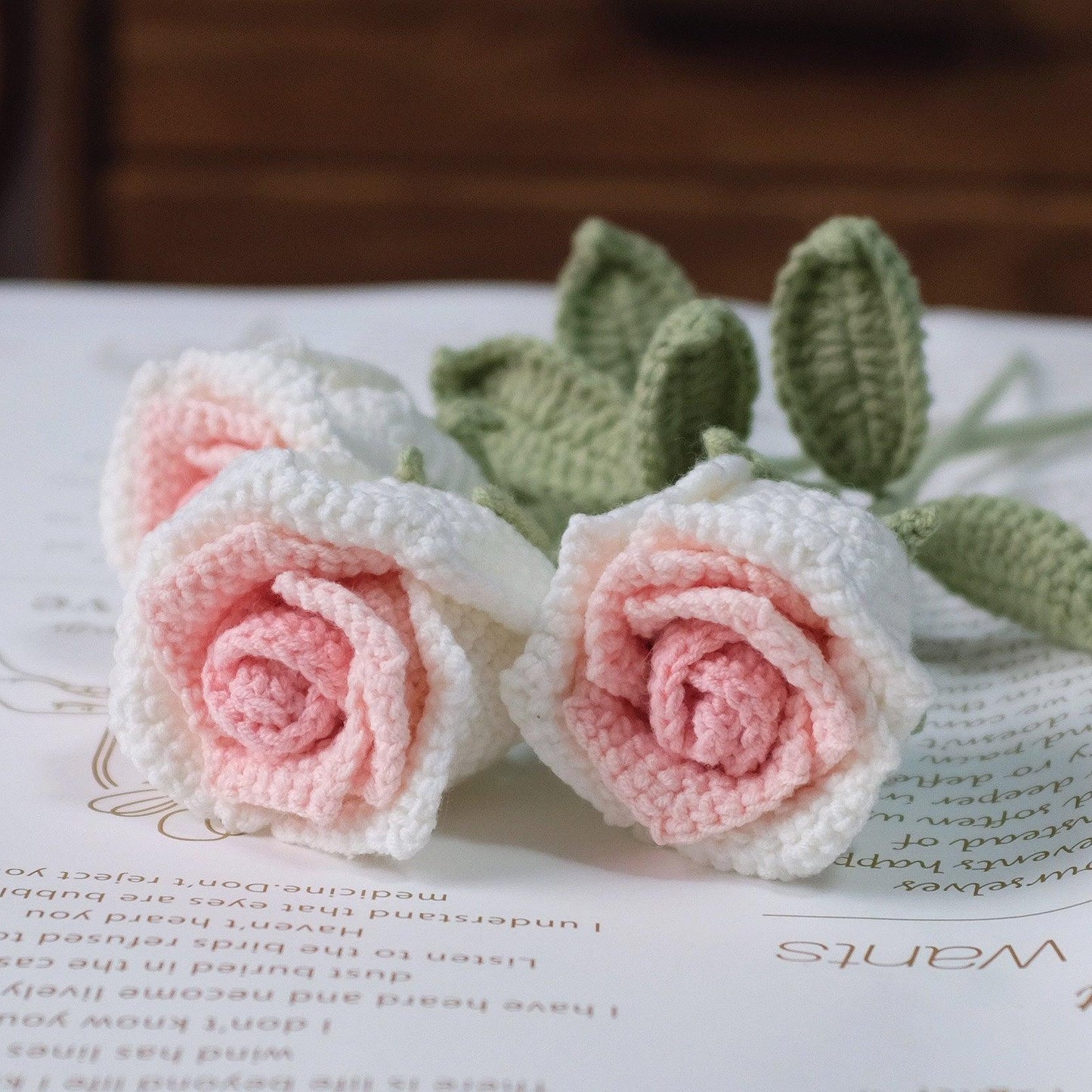 Hand Crocheted Red Rose White Bouquet