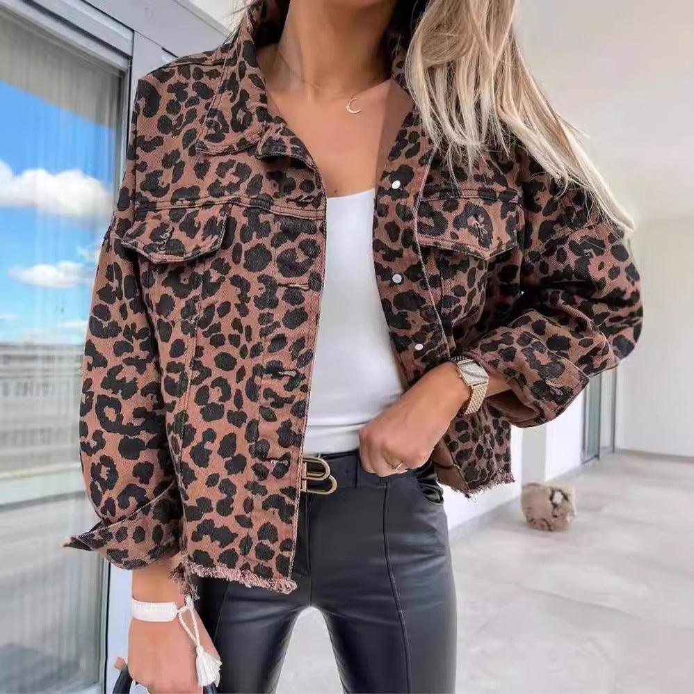 Women's Leopard Print Jacket With Pocket Y2K Fashion Lapel Single-breasted Denim Overcoat Women's Clothing