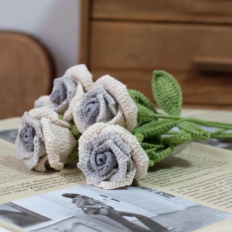 Hand Crocheted Red Rose White Bouquet