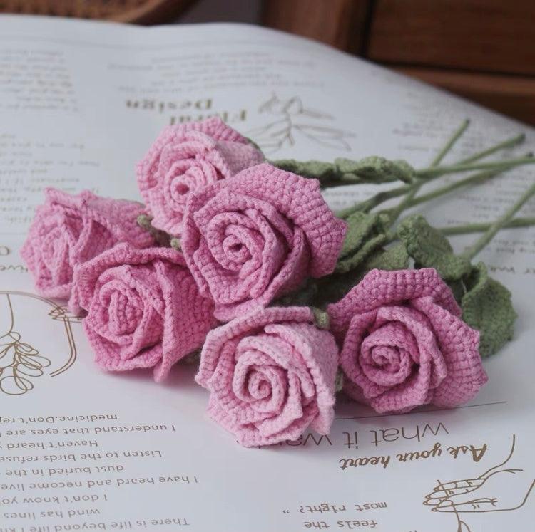 Hand Crocheted Red Rose White Bouquet