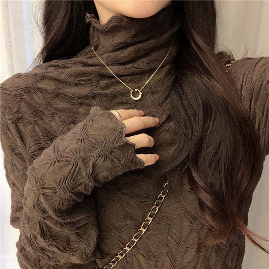 Autumn And Winter Brown Long-sleeved T-shirt Female All-matching Slim Fit